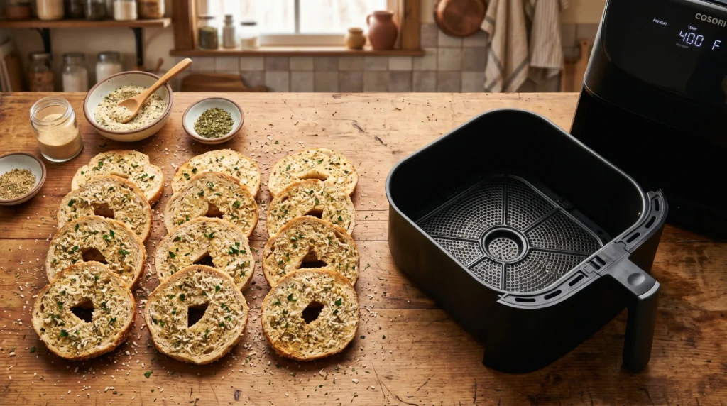 Seasoned bagel slices with parmesan beside preheated air fryer basket.
