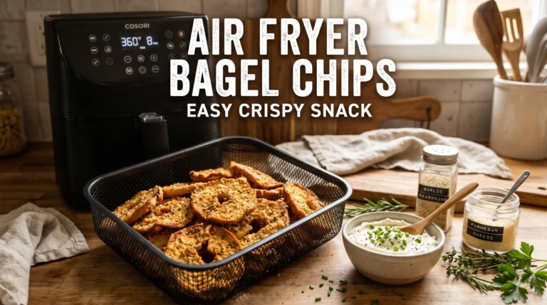 Crispy homemade air fryer bagel chips beside dip and a modern air fryer with recipe title overlay.