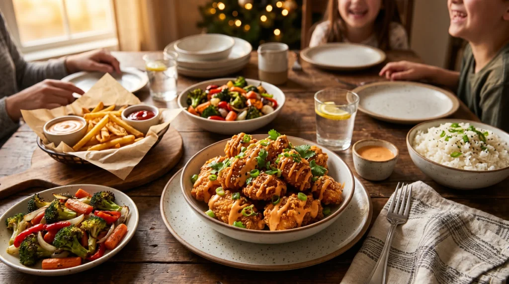 Air fryer bang bang chicken served with fries, vegetables, rice, and dipping sauce on a warm family-style dinner table.