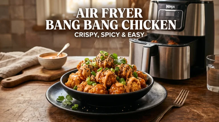 Crispy air fryer bang bang chicken coated in creamy spicy sauce with sesame seeds and green onions beside an open air fryer in a cozy kitchen.