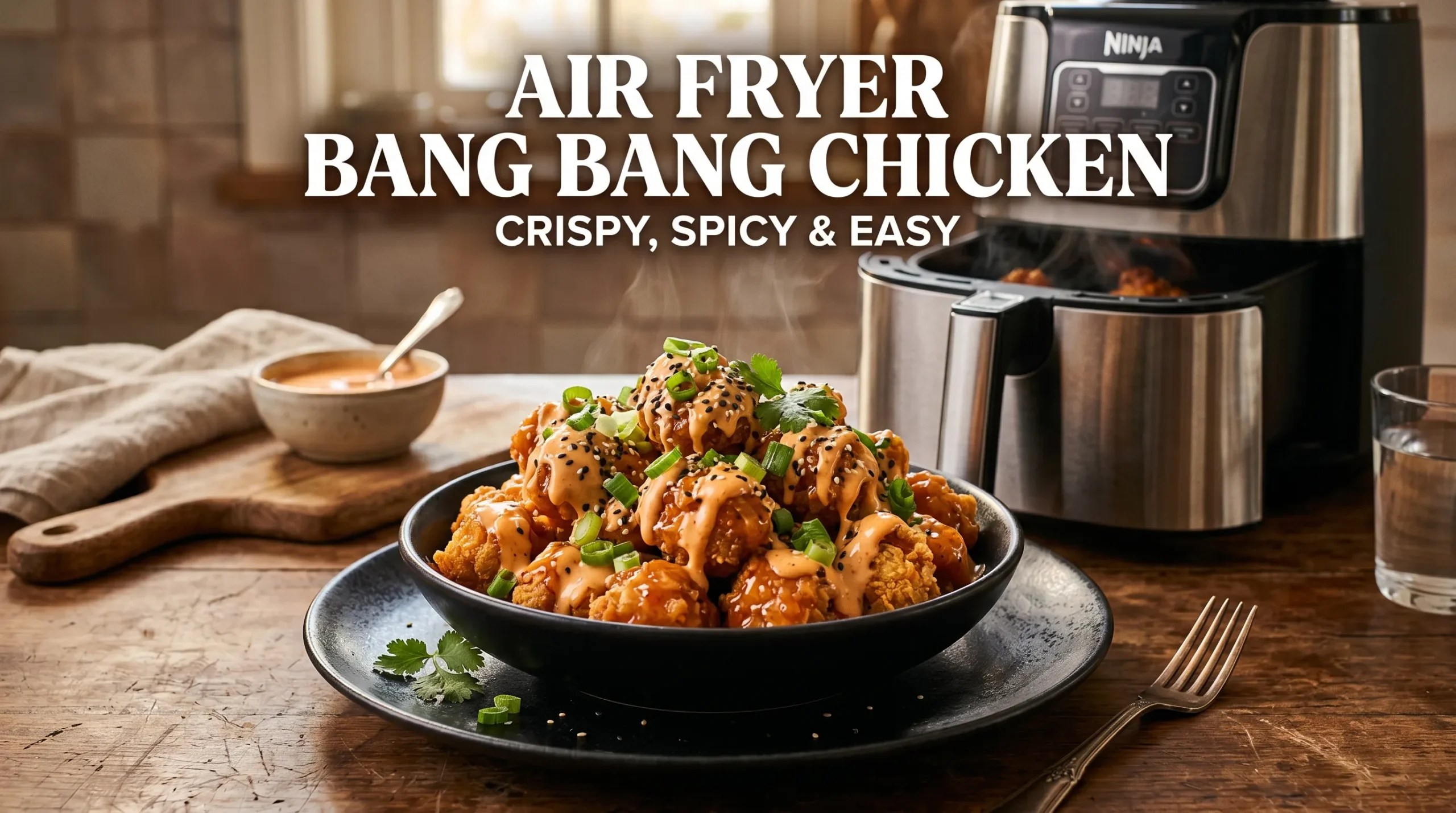 Crispy air fryer bang bang chicken coated in creamy spicy sauce with sesame seeds and green onions beside an open air fryer in a cozy kitchen.
