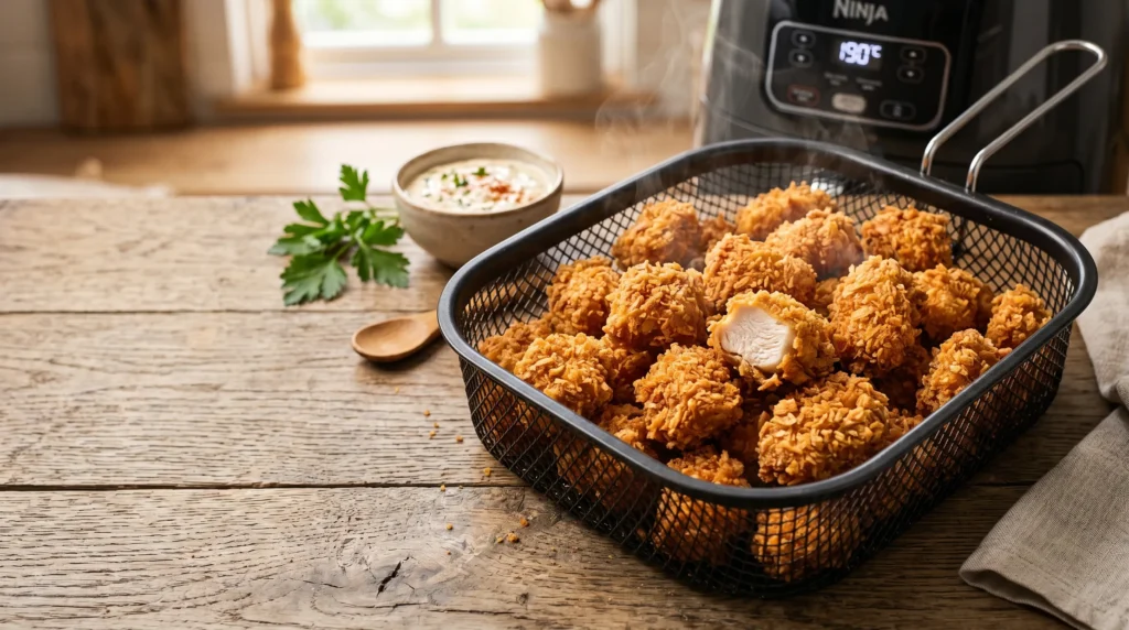 Golden crispy bang bang chicken bites inside an air fryer basket before being tossed in creamy spicy sauce.