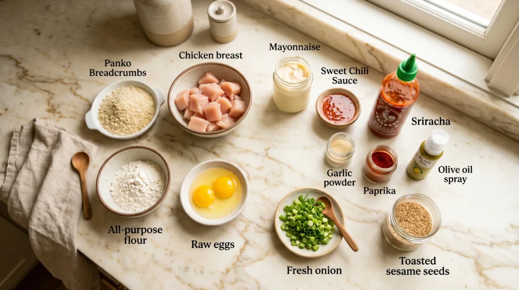 Ingredients for air fryer bang bang chicken including chicken breast, panko breadcrumbs, mayo, sweet chili sauce, eggs, and seasonings arranged on a kitchen counter.