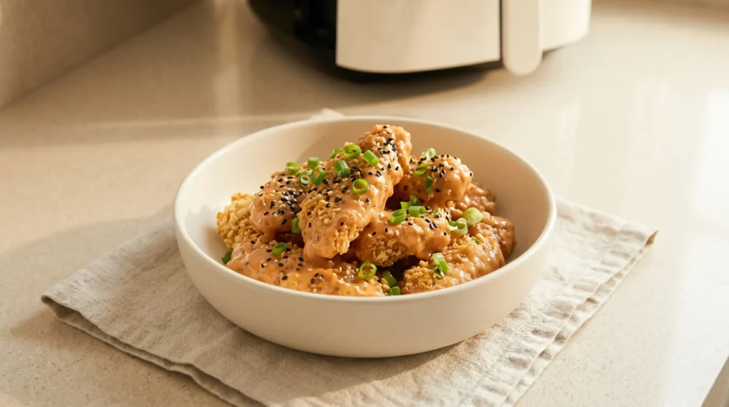 Crispy air fryer bang bang chicken bites coated in creamy spicy sauce and topped with sesame seeds and green onions in a cozy kitchen setting.
