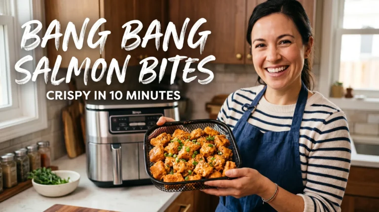 Crispy air fryer bang bang salmon bites with creamy sauce and bold recipe title text in a modern kitchen setting.
