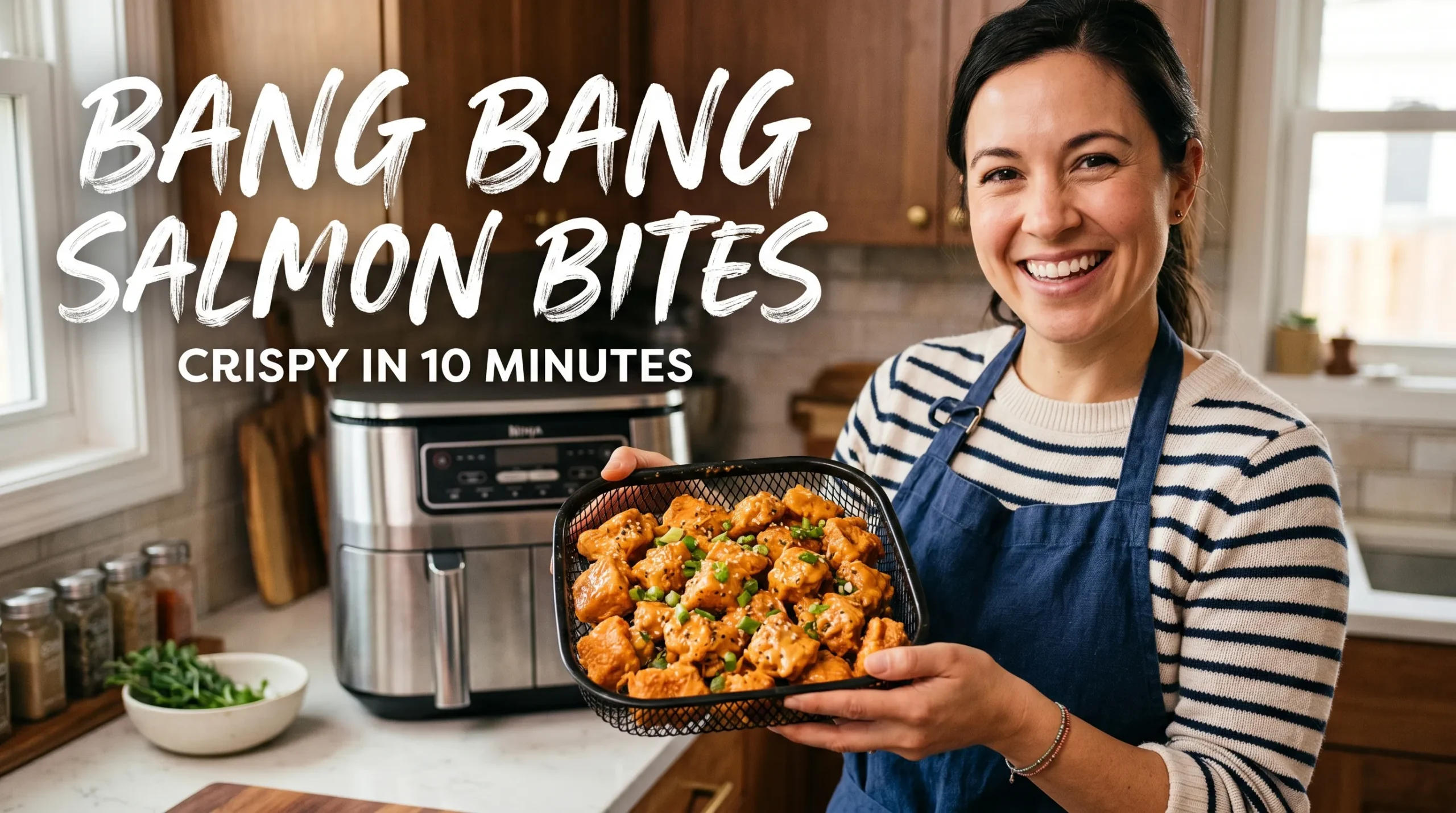 Crispy air fryer bang bang salmon bites with creamy sauce and bold recipe title text in a modern kitchen setting.