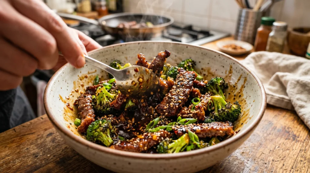 Crispy beef strips and broccoli tossed in glossy garlic soy sauce bowl.