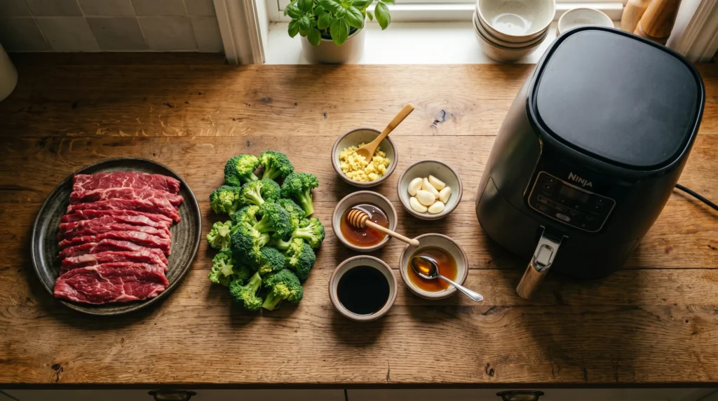 Raw beef and broccoli ingredients beside an air fryer on wooden kitchen counter.