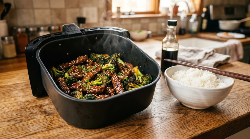 Beef and broccoli in air fryer basket beside rice and chopsticks.