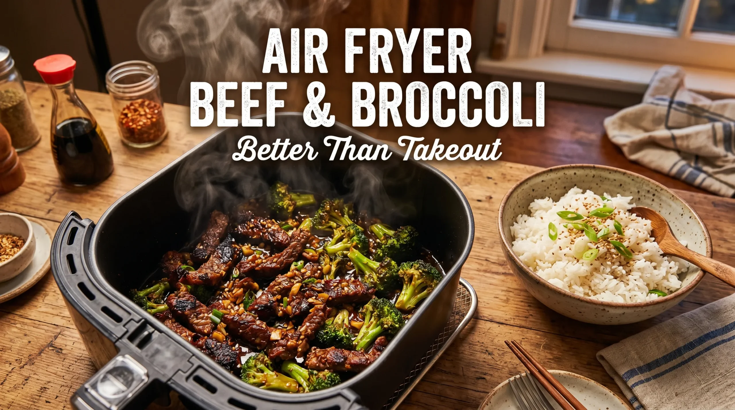 Crispy air fryer beef and broccoli served with rice beside a modern air fryer with bold recipe title overlay.
