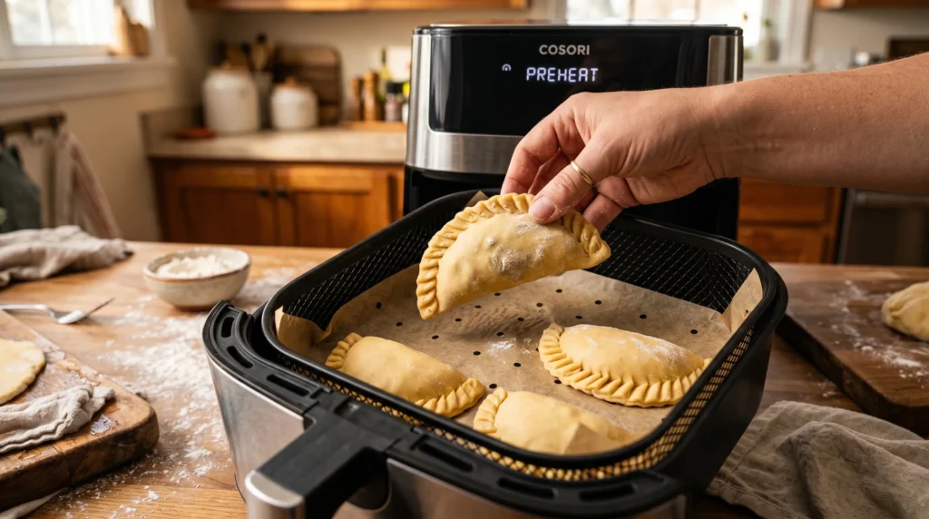 Raw beef empanadas being placed into a preheated air fryer basket.