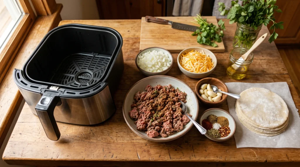 Ground beef, dough discs, cheese, and seasonings beside air fryer basket.