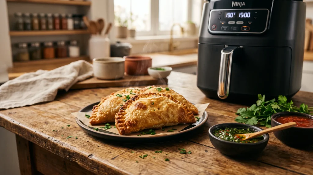Golden beef empanadas beside air fryer with dipping sauce and fresh herbs.