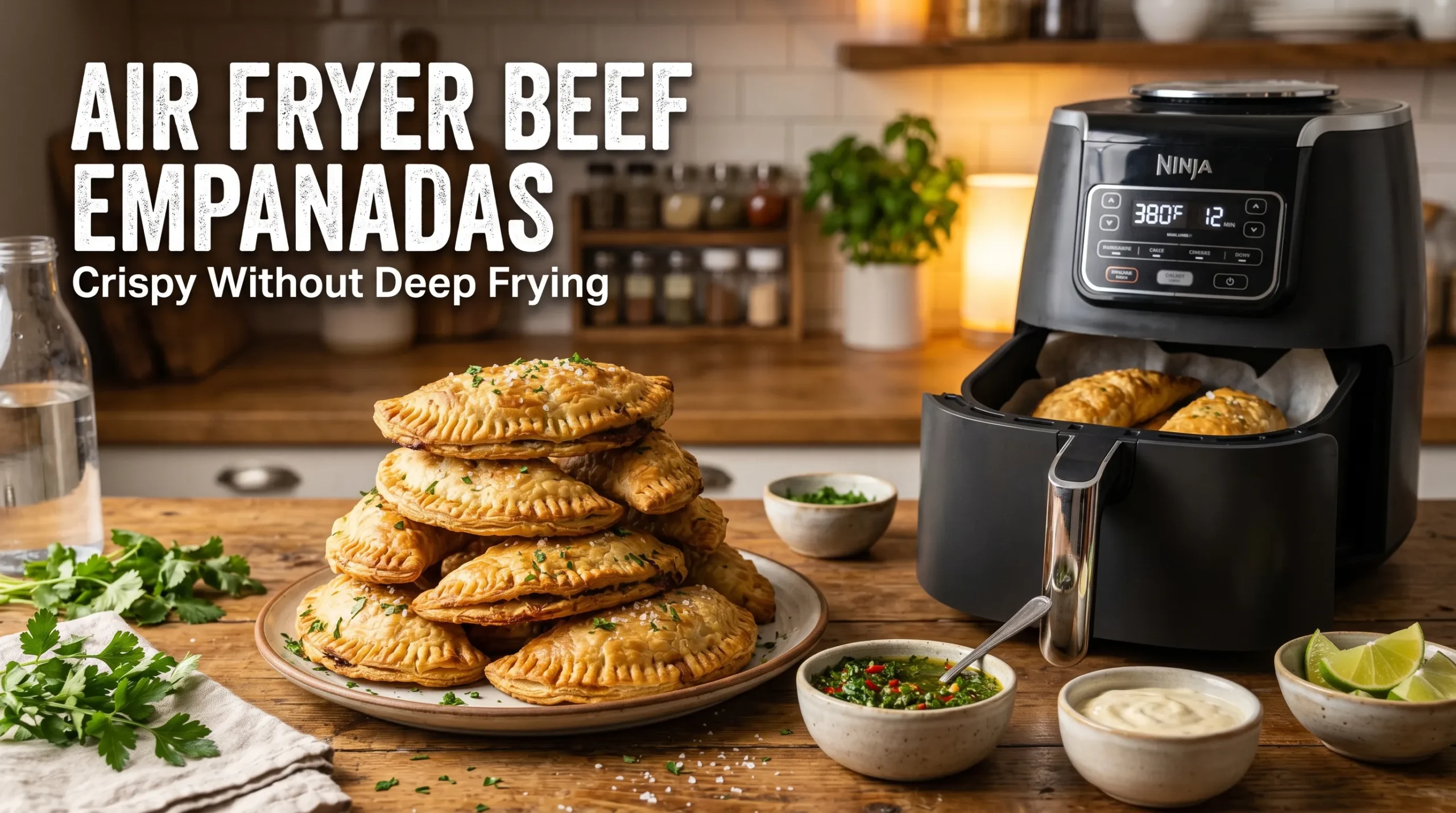 Golden crispy air fryer beef empanadas beside dipping sauce and a modern air fryer with recipe title overlay.