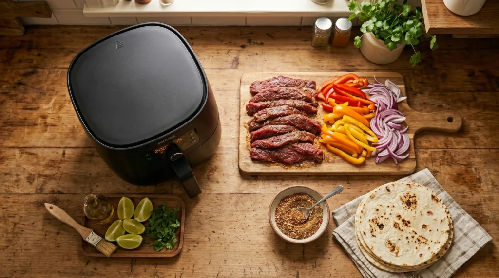 Raw steak, peppers, onions, tortillas, and seasonings beside modern air fryer.