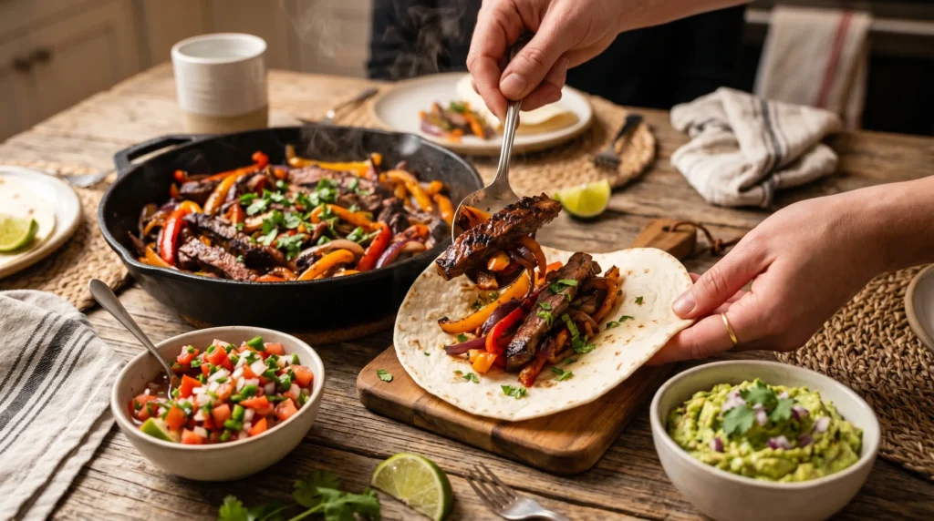 Cooked steak fajitas served into tortillas beside salsa and guacamole.