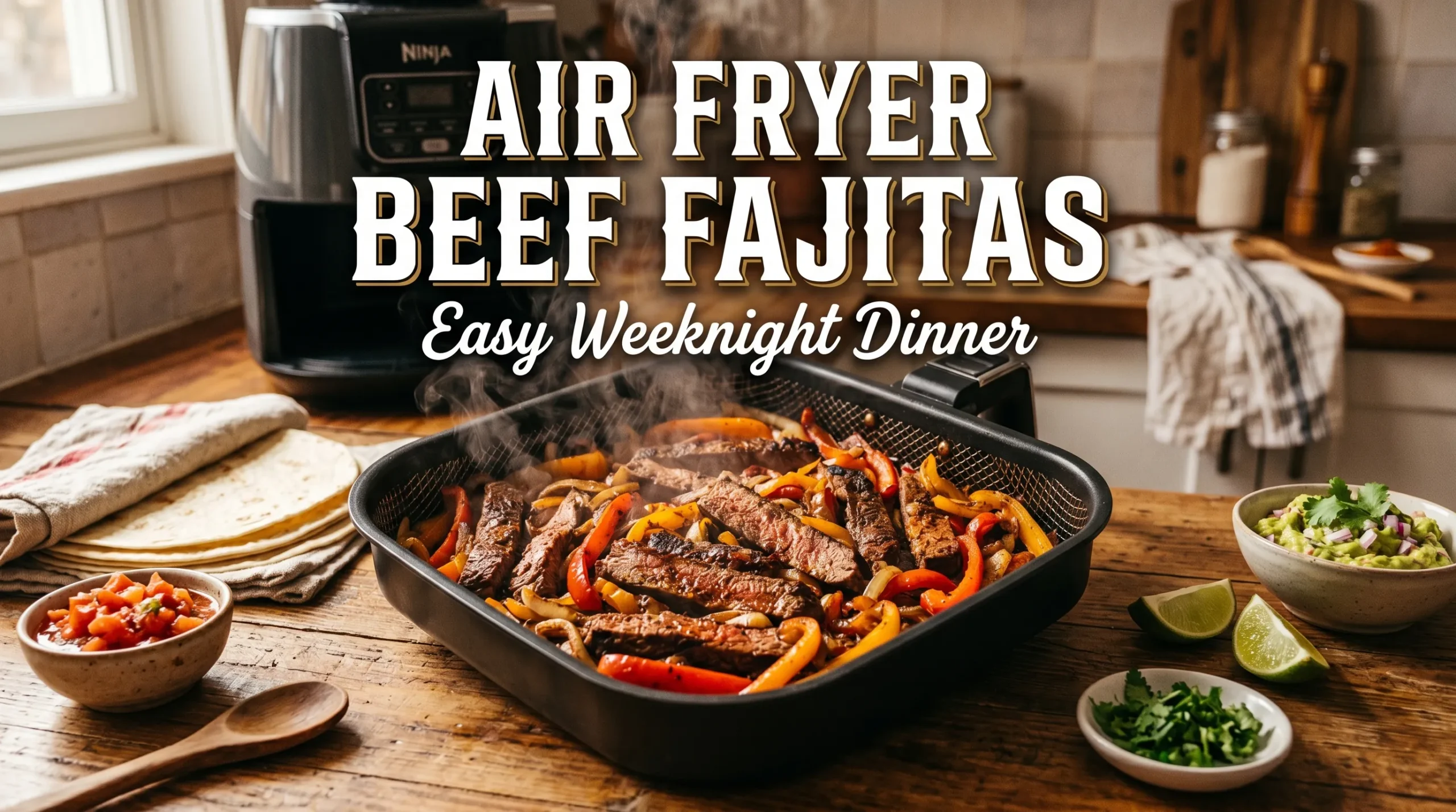 Air fryer beef fajitas with steak, peppers, onions, and tortillas beside a modern air fryer with recipe title overlay.