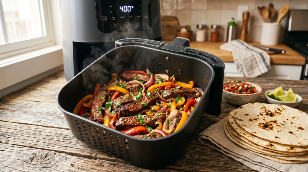 Steak fajitas with peppers and onions inside air fryer beside tortillas and salsa.