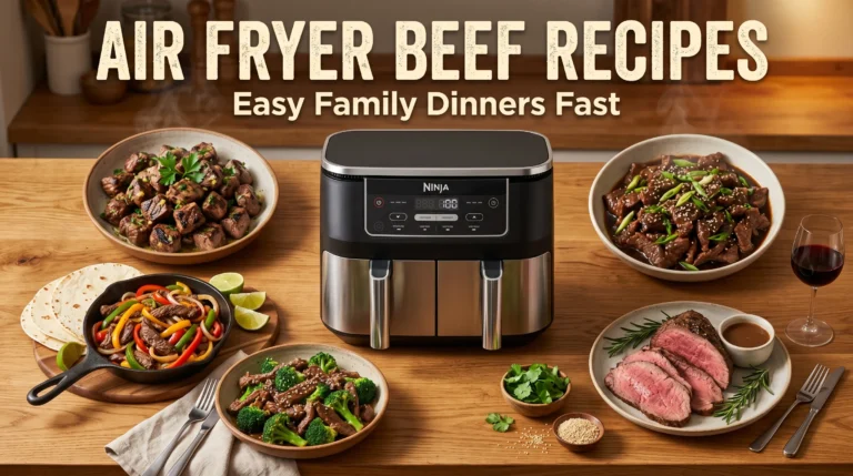 Several air fryer beef recipes including steak bites, roast beef, fajitas, and broccoli beef displayed beside a modern air fryer with recipe title overlay.