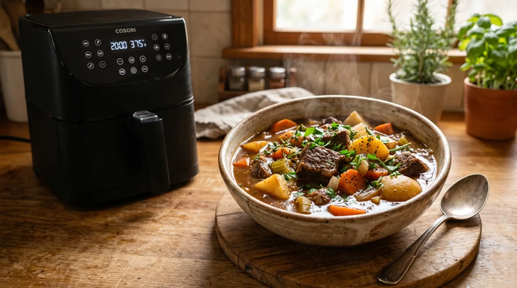 Hearty beef stew with potatoes and carrots beside a modern air fryer.