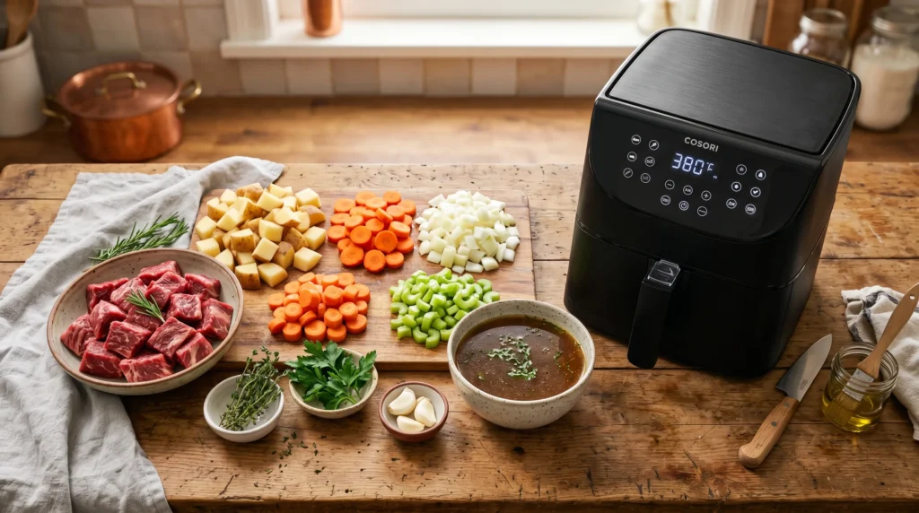 Raw beef stew ingredients arranged beside air fryer on wooden kitchen counter.