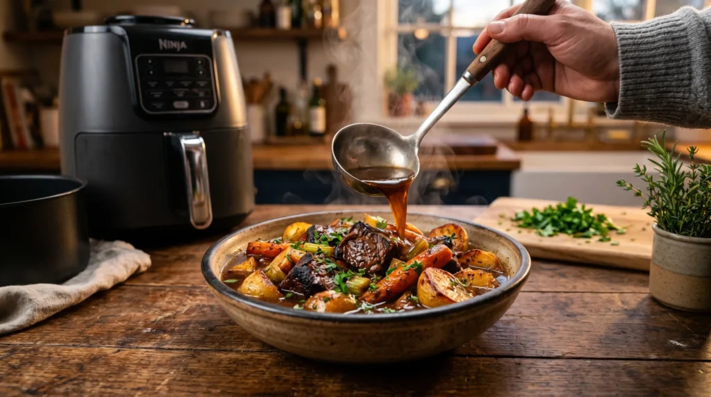 Roasted beef and vegetables mixed with broth beside air fryer.