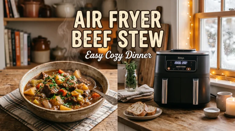 Hearty air fryer beef stew with potatoes and carrots beside a modern air fryer with recipe title overlay.