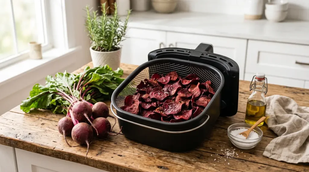 Black air fryer basket with cooked beetroot chips on wooden table with fresh beets, oil, salt, and plant in background