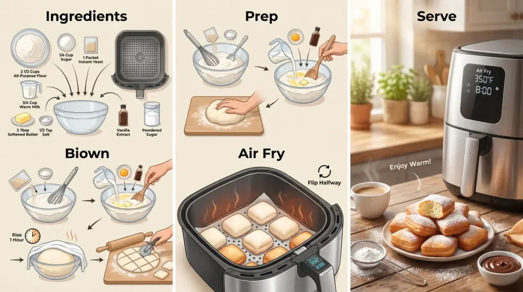 Illustrated infographic showing ingredients, preparation, baking, air frying, and serving of beignets with an air fryer