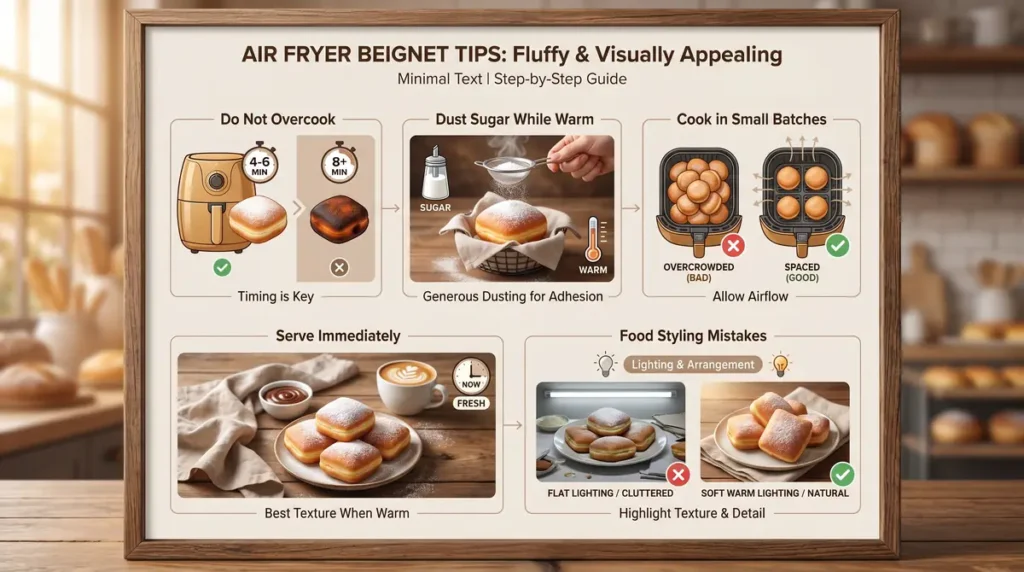 Step-by-step infographic showing tips for making fluffy beignets in an air fryer with timing and presentation advice