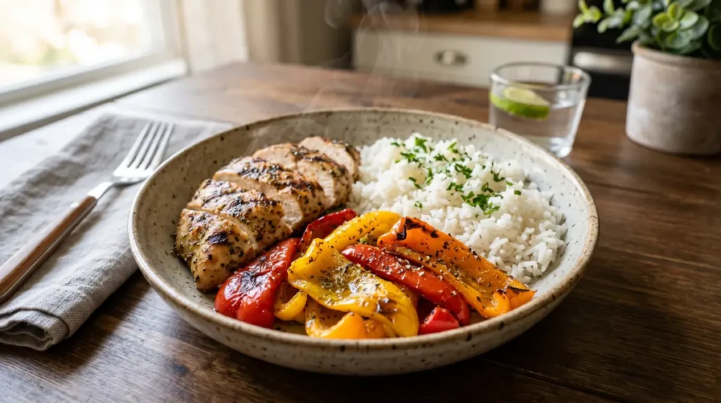 Roasted air fryer bell peppers served with grilled chicken and rice meal prep bowl.