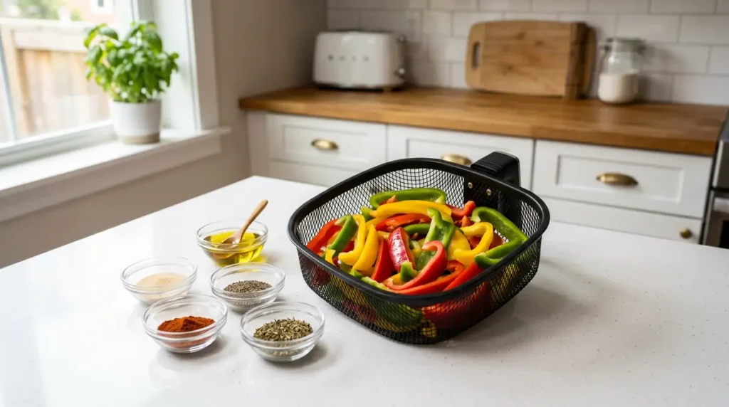 Fresh sliced red yellow and green bell peppers beside oil and seasoning bowls.
