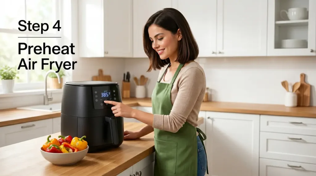 Woman preheating black air fryer beside seasoned bell peppers on kitchen counter.