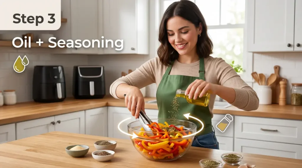 Woman tossing sliced bell peppers with olive oil herbs and seasoning in bowl.