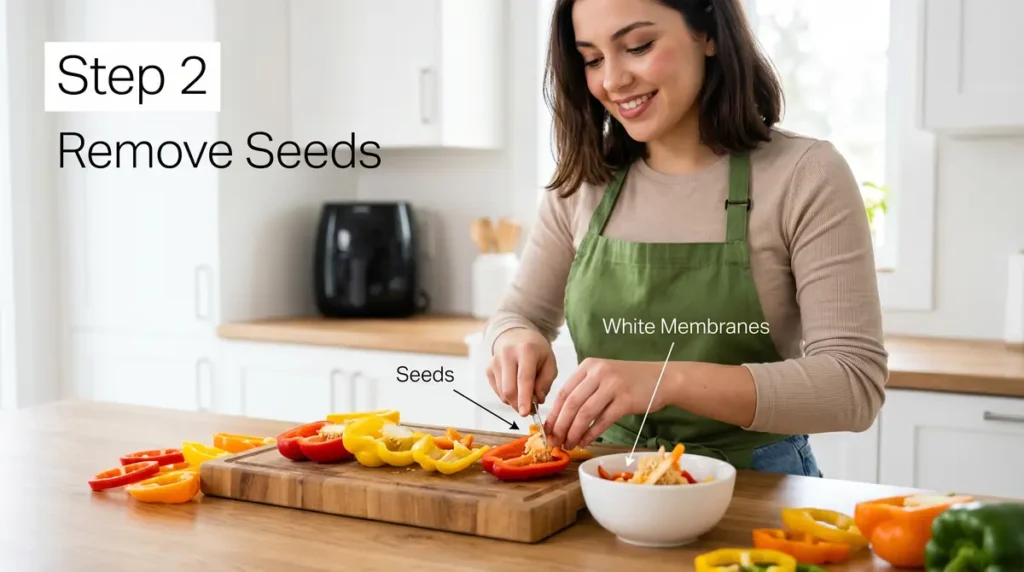 Woman removing seeds and membranes from sliced bell peppers in bright modern kitchen.