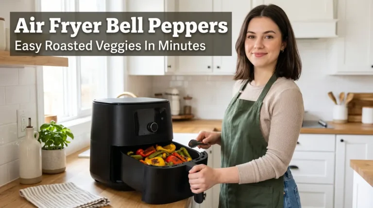 Colorful roasted bell peppers inside an air fryer basket in a bright kitchen with recipe title overlay.