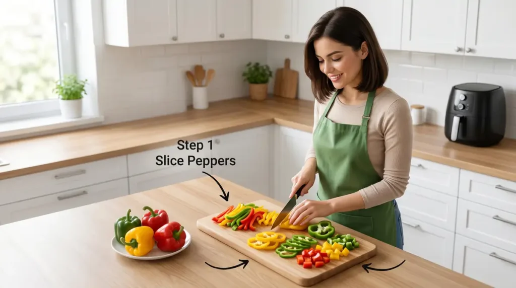 Woman slicing colorful bell peppers into strips and chunks on kitchen cutting board.
