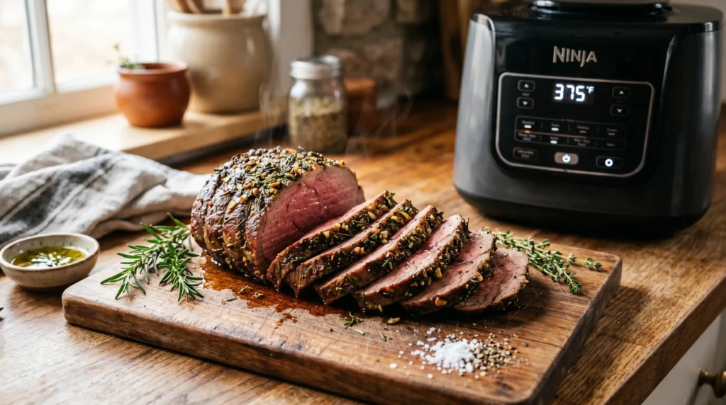 Sliced bottom round roast with herb crust beside modern air fryer.