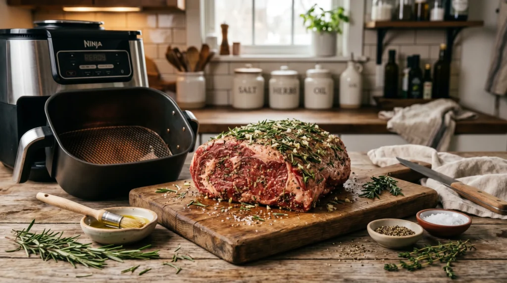 Raw bottom round roast with rosemary and garlic beside air fryer basket.