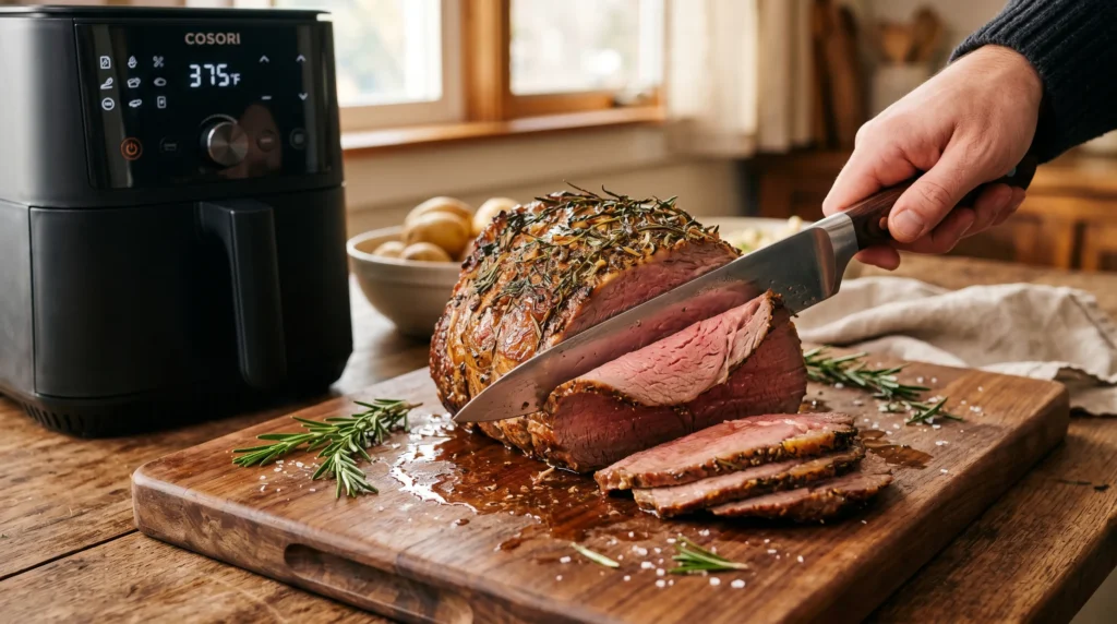 Cooked bottom round roast being sliced on cutting board beside air fryer.