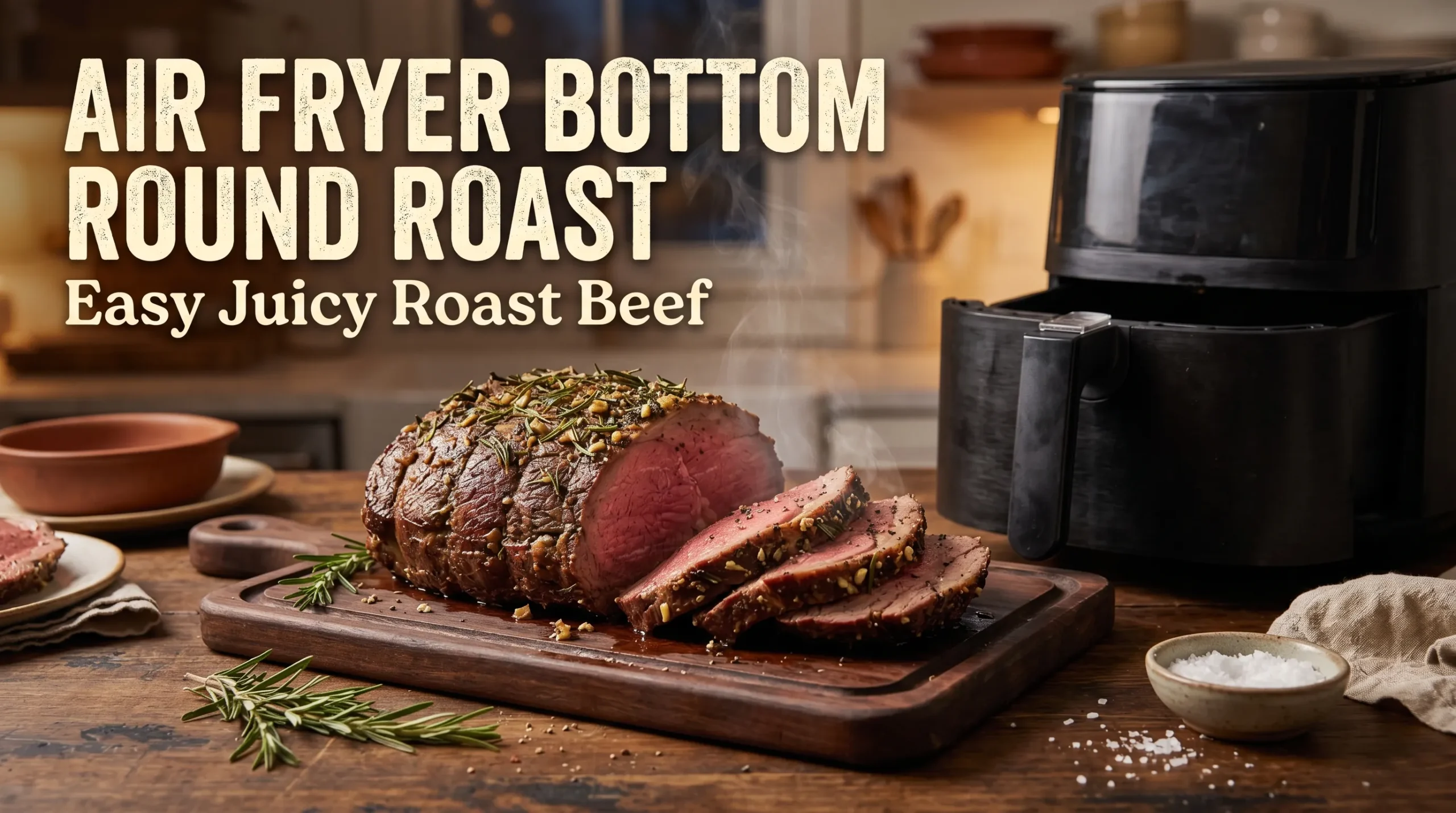 Sliced air fryer bottom round roast with herb crust beside a modern air fryer with recipe title overlay.
