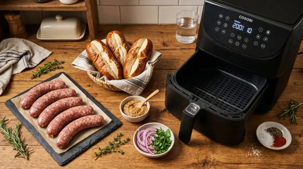 Fresh bratwurst sausages beside buns, onions, mustard, and air fryer basket.
