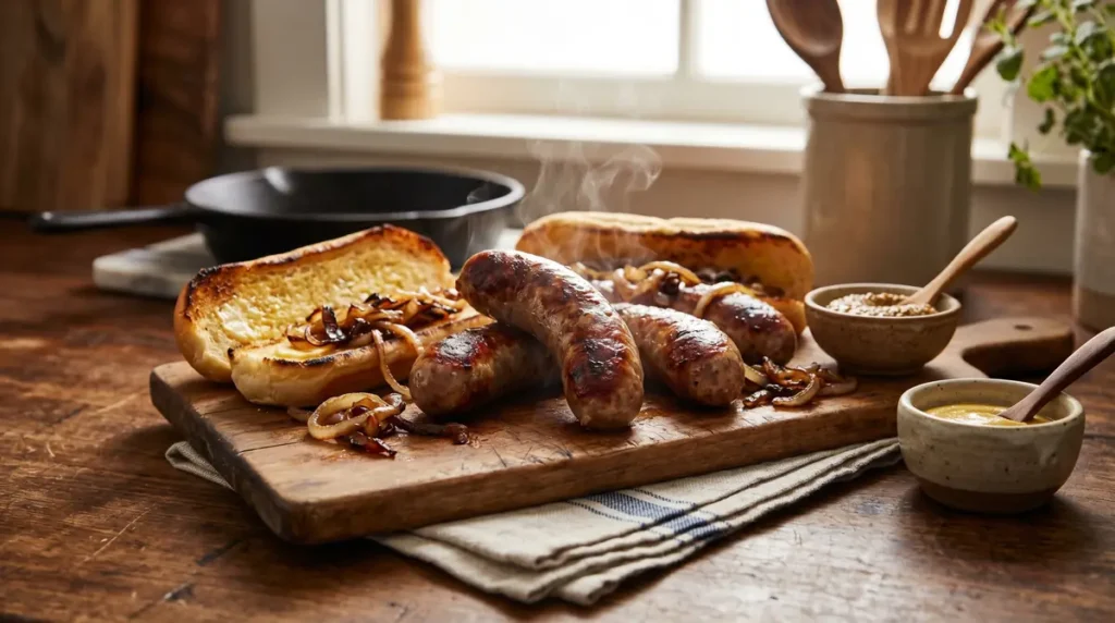 Crispy browned air fryer brats beside mustard and toasted buns.