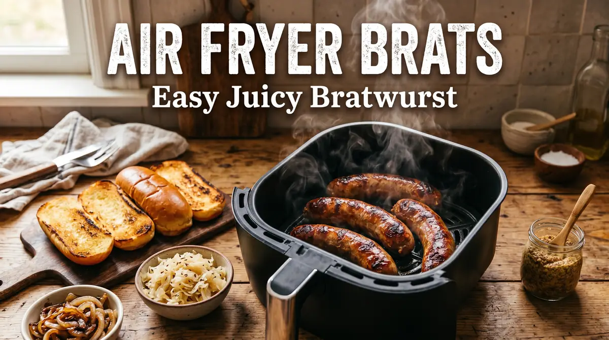 Juicy air fryer bratwurst beside buns and mustard with recipe title overlay.