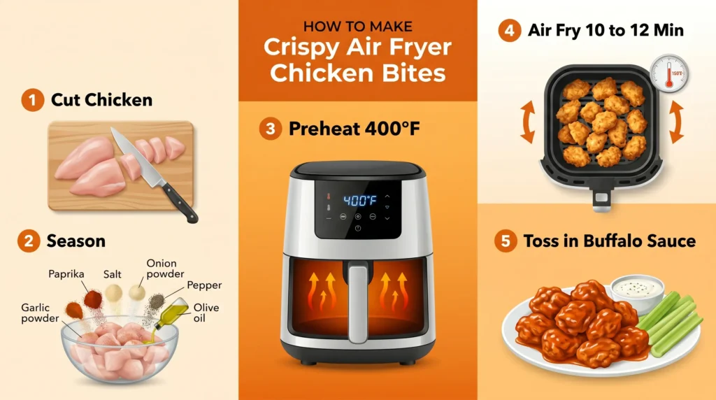 Infographic showing five steps for making crispy air fryer buffalo chicken bites.