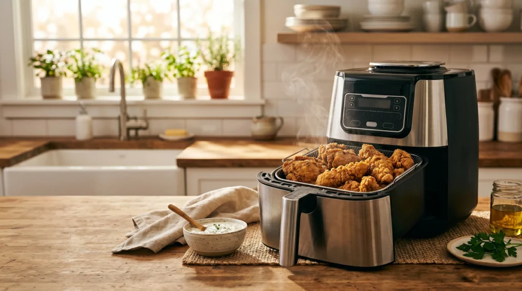 Crispy golden air fryer chicken thighs and tenders inside a modern air fryer basket with visible steam, juicy texture, and warm cozy kitchen lighting creating an easy family dinner atmosphere.