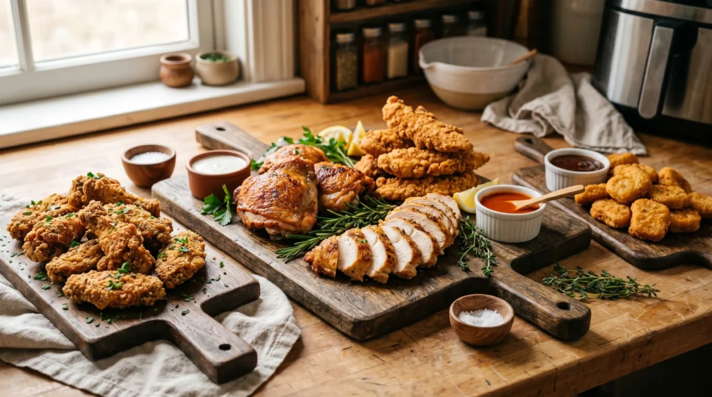 Crispy golden air fryer chicken thighs and tenders inside a modern air fryer basket with visible steam, juicy texture, and warm cozy kitchen lighting creating an easy family dinner atmosphere.
