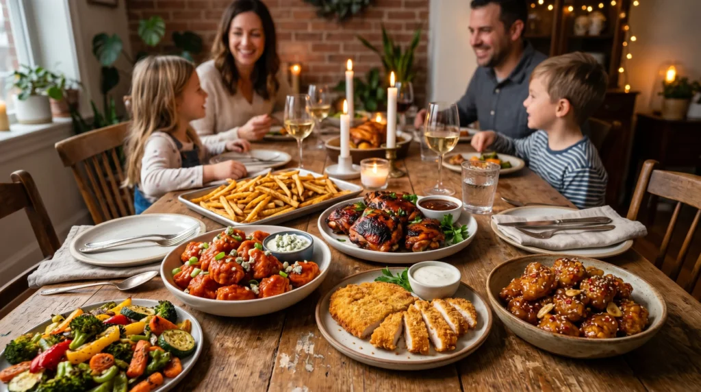 Large family-style spread of air fryer chicken recipes including buffalo chicken bites, BBQ chicken thighs, breaded cutlets, honey garlic chicken, vegetables, and fries on a cozy dinner table.
