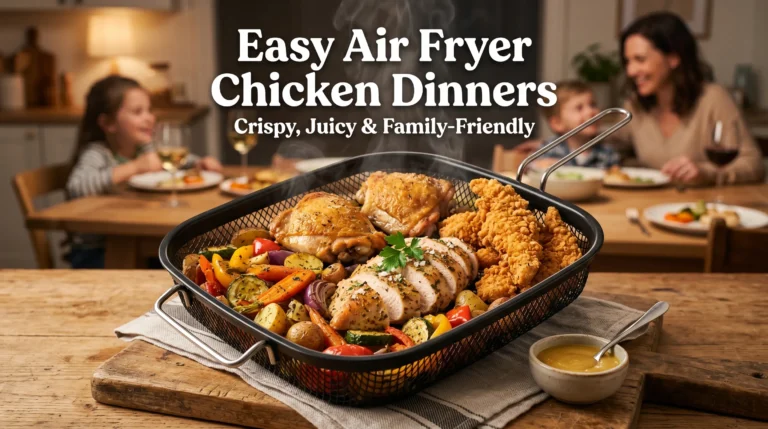 Crispy air fryer chicken dinner with golden chicken thighs, juicy sliced chicken breast, tenders, and roasted vegetables in a warm family-style kitchen setting.