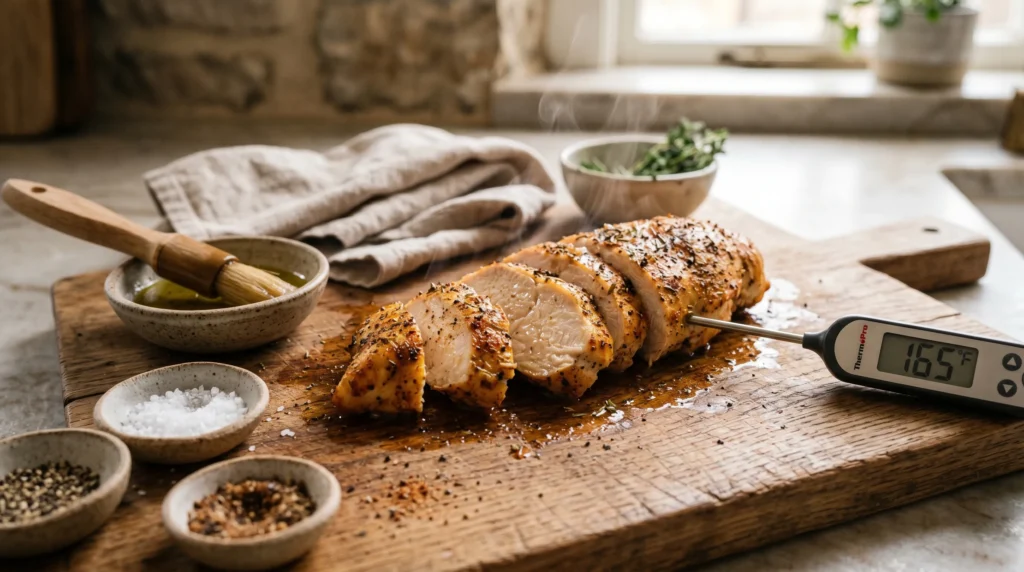 Juicy sliced air fryer chicken breast resting on a cutting board beside a meat thermometer, seasoning bowls, and oil brush in a warm modern kitchen setting.
